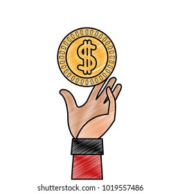 grated coin with peso symbol and hand up