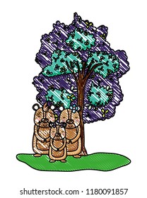 grated cute bear family with tree leaves