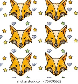 grated cute fox head animal with stars ans hearts background