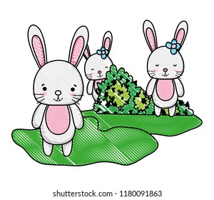 grated cute rabbits friends in the bushes leaves