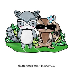 grated cute raccoons friends animals and bushes