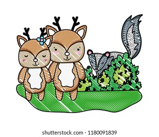 grated deer couple animal and skunk with bush