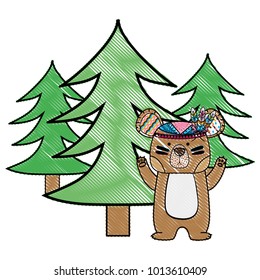 grated ethnic bear animal with pine trees