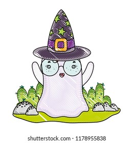 grated ghost wearing glasses with witch hat in the landscape