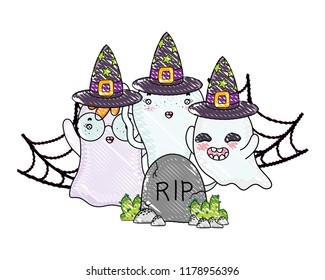 grated ghosts with witch hat in the spiderweb and rip