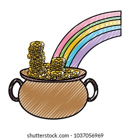 grated gold coins inside pot cauldron and rainbow