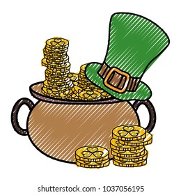grated gold coins and st patrick hat inside cauldron