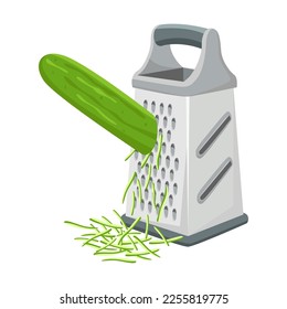 Grated green cucumber cartoon illustration. Preparing ingredients for salad, making healthy dinner. Food, cooking concept