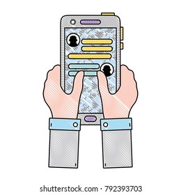 grated hands with smartphone and whatsapp chat message