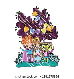 grated happy children friends with halloween costumes