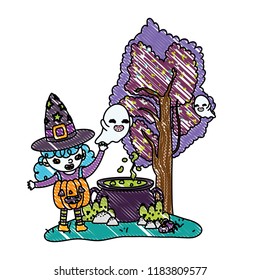 grated happy girl with pumpkin costume and ghosts