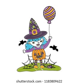 grated happy girl with pumpkin costume and bats