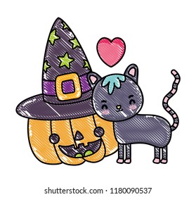 grated happy pumpkin with hat and cute cat