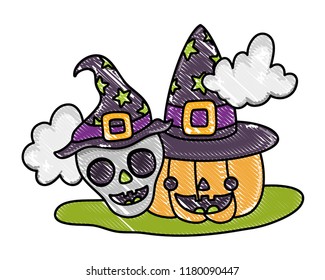 grated happy skull and pumpkin with hat and clouds