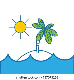 grated island with palm tree with sun and waves ocean