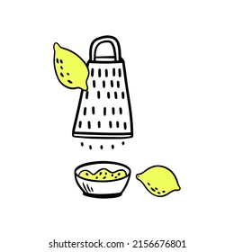Grated lemon peel. Kitchen utensils in doodle style. Graphic illustration of cooking sauce