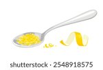 Grated lemon zest in spoon and  yellow lemon peel twist  isolated on white background. Vector cartoon flat illustration. 