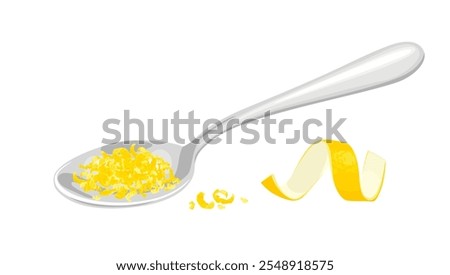 Grated lemon zest in spoon and  yellow lemon peel twist  isolated on white background. Vector cartoon flat illustration. 