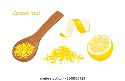 Raspado de limão em colher de madeira, fruto de limão cortado ao meio, pilha de raspas e torção de casca amarela isolada no fundo branco. Ilustração plana em desenho animado de vetor. 