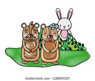 grated nice bear couple with rabbit in the bush