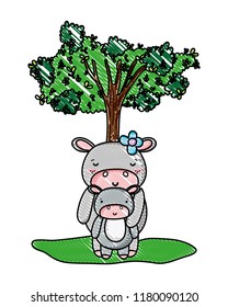 grated nice hippopotamus its son animals and tree