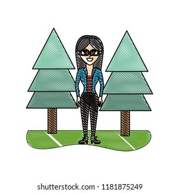 grated nice woman with glasses and clothes with pine trees