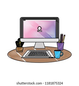 grated office computer with keyboard and coffee with plant