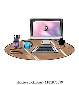 grated office computer with keyboard and coffee beverage