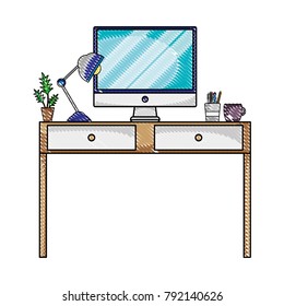grated office desk with lamp and computer screen