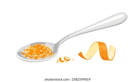 Grated orange zest in spoon and  orange peel twist  isolated on white background. Vector cartoon flat illustration. 