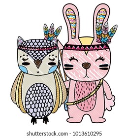 grated owl and rabbit animals with feathers design