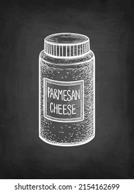 Grated Parmesan cheese in jar. Chalk sketch on blackboard background. Hand drawn vector illustration. Retro style stroke drawing.