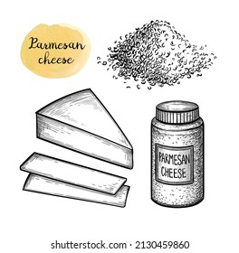 Grated Parmesan cheese. Jar, handful, slices and block. Ink sketch isolated on white background. Hand drawn vector illustration. Vintage style stroke drawing.