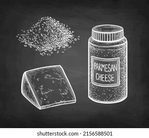 Grated Parmesan cheese. Jar, handful and block. Chalk sketch on blackboard background. Hand drawn vector illustration. Retro style stroke drawing.