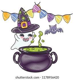 grated pot cauldron and ghost with hat and bat