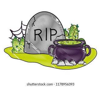 grated pot cauldron with rip stone and spiderweb