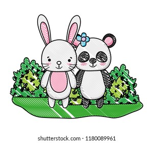 grated rabbit and panda friends animals and bushes