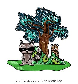 grated raccoon and bear animals with tree and bushes
