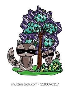 grated raccoons friends animals with bushes and tree