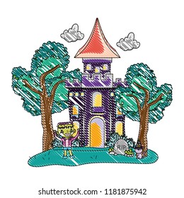 grated scary castle with boy frankenstein costume