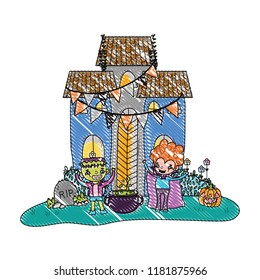 grated scary castle with children costume and pot cauldron