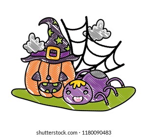 grated spider and happy pumpkin with hat and spiderweb