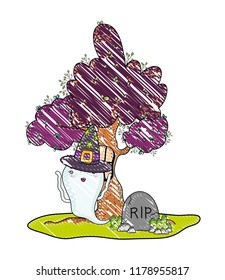 grated tree house with ghost hat and rip stone