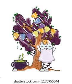 grated tree with party flags and ghost with pot cauldron