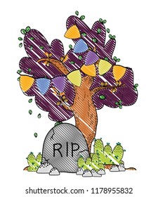grated tree with party flags and rip stone