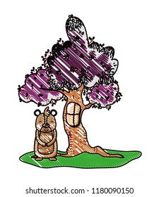 grated tree with window and cute bear wild animal