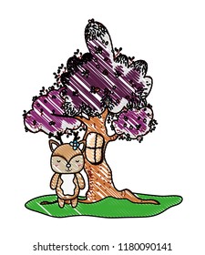 grated tree with window and cute deer wild animal