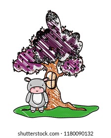 grated tree with window and cute hippopotamus wild animal