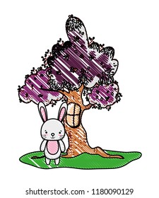 grated tree with window and cute rabbit wild animal