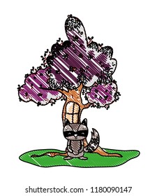 grated tree with window and cute raccoon wild animal